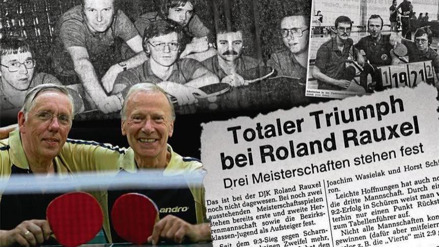 Die Tischtennis-Spieler der DJK Roland Rauxel feiern gleich drei Meisterschaften, mit Hubert Schäfer und Wolfgang Bergins