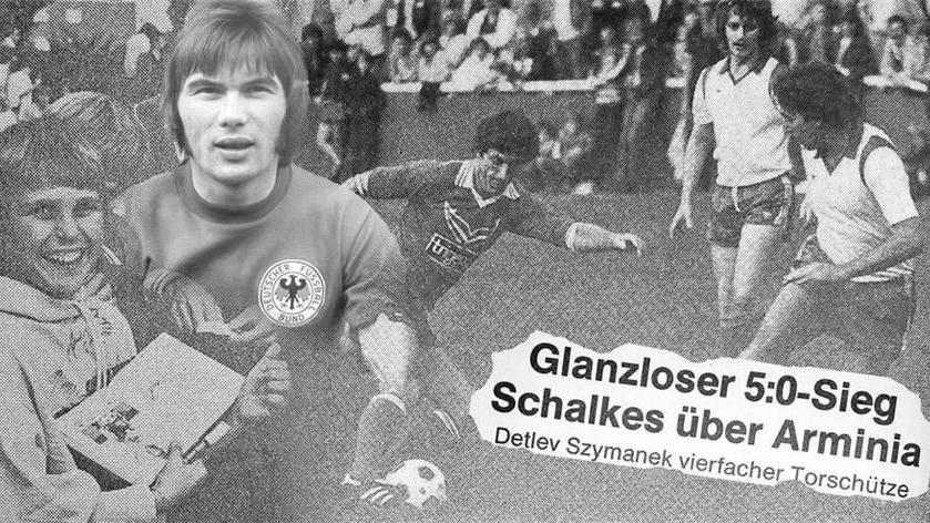 Den ehemaligen Nationalmannschafts-Torwart Norbert Nigbur (linke Bildhälfte, oben) konnten die Autogrammjäger im September 1981 in der Kampfbahn „Habichthorst“ nach seiner Unterschrift fragen. Theo Büker (rechts Bildhälfte) am Ball setzte sich beim S