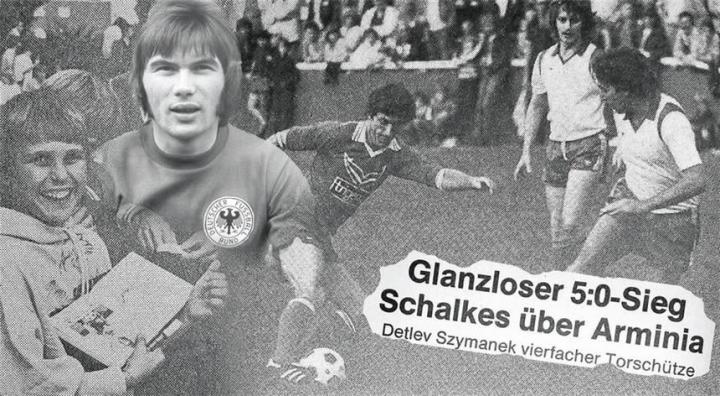 Den ehemaligen Nationalmannschafts-Torwart Norbert Nigbur (linke Bildhälfte, oben) konnten die Autogrammjäger im September 1981 in der Kampfbahn „Habichthorst“ nach seiner Unterschrift fragen. Theo Büker (rechts Bildhälfte) am Ball setzte sich beim S